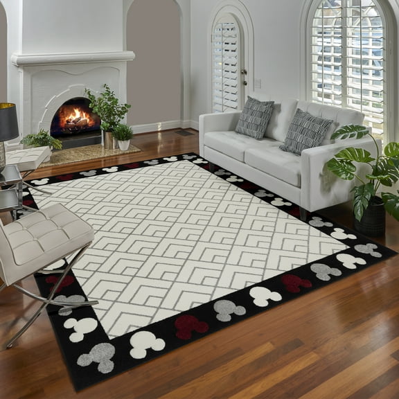 Disney Bravo Mickey Mouse Head Border Modern Geometric Ivory Indoor Area Rug, 5x8