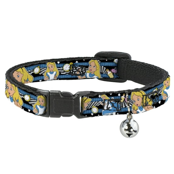 Disney Breakaway Cat Collar With Bell, Plastic Clip, Easy Adjustable, Alice In Wonderland Poses Clock Bottle Black White Blues, 8.5 to 12 Inches 0.5 Inch Wide