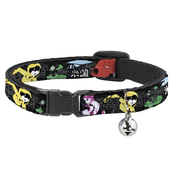 Disney Breakaway Cat Collar With Bell, Plastic Clip, Easy Adjustable, Big Hero 6 Group Pose Name Blocks Black Gray Multi Color, 8.5 to 12 Inches 0.5 Inch Wide
