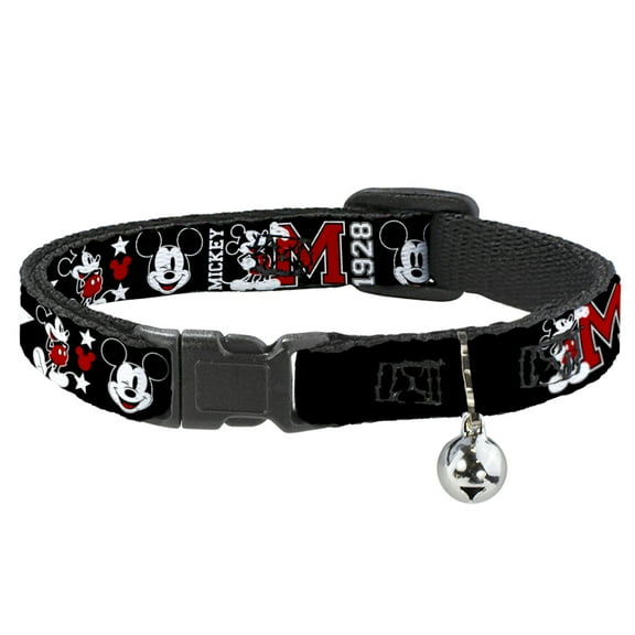 Disney Breakaway Cat Collar With Bell, Plastic Clip, Easy Adjustable, Classic Mickey Mouse 1928 Collage Black White Red, 8.5 to 12 Inches 0.5 Inch Wide