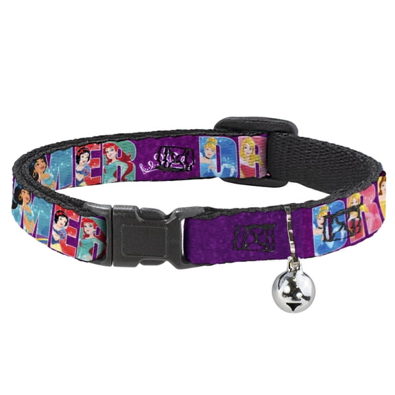 Disney Breakaway Cat Collar With Bell, Plastic Clip, Easy Adjustable, Disney Dreamer Sparkling Princesses Tiara Purple White, 8.5 to 12 Inches 0.5 Inch Wide