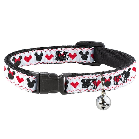 Disney Breakaway Cat Collar With Bell, Plastic Clip, Easy Adjustable, Disney Holiday Mickey and Minnie Mouse Heart Sweater Stitch, 8.5 to 12 Inches 0.5 Inch Wide