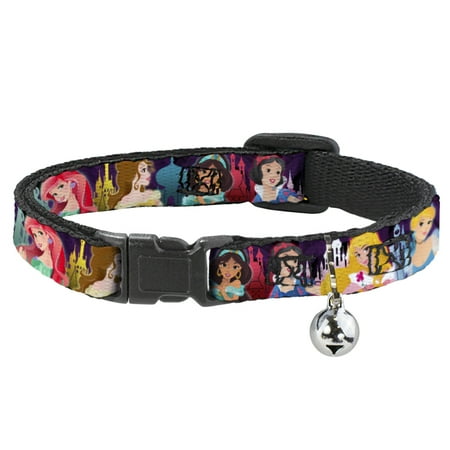 Disney Breakaway Cat Collar With Bell, Plastic Clip, Easy Adjustable, Disney Princess Poses Castle Silhouettes Purples Multi Color, 8.5 to 12 Inches 0.5 Inch Wide