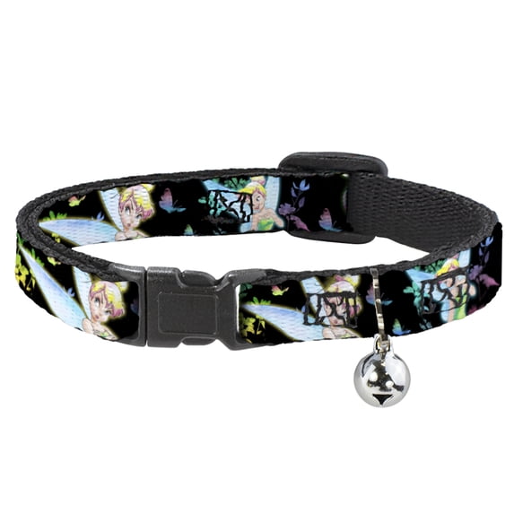 Disney Breakaway Cat Collar With Bell, Plastic Clip, Easy Adjustable, Glowing Tinker Bell Butterflies Flowers Black Multi Neon, 8.5 to 12 Inches 0.5 Inch Wide