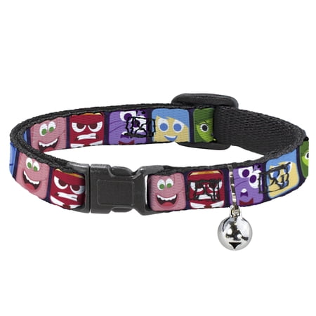 Disney Breakaway Cat Collar With Bell, Plastic Clip, Easy Adjustable, Inside Out Character Expression Blocks Purple Multi Color, 8.5 to 12 Inches 0.5 Inch Wide