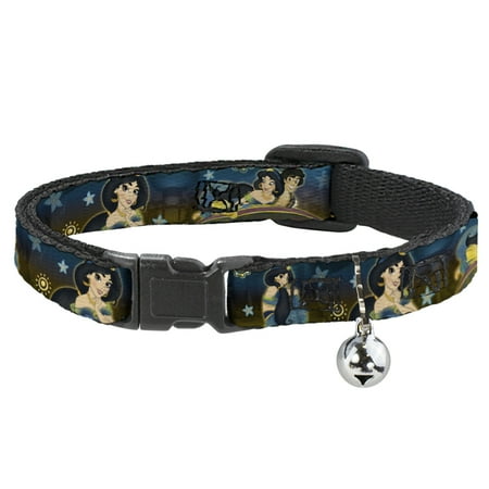 Disney Breakaway Cat Collar With Bell, Plastic Clip, Easy Adjustable, Jasmine Aladdin Carpet Ride Jasmine Poses Flowers, 8.5 to 12 Inches 0.5 Inch Wide