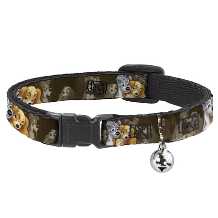 Disney Breakaway Cat Collar With Bell, Plastic Clip, Easy Adjustable, Lady And Tramp 2 Poses Spaghetti Kiss Scene Browns, 8.5 to 12 Inches 0.5 Inch Wide