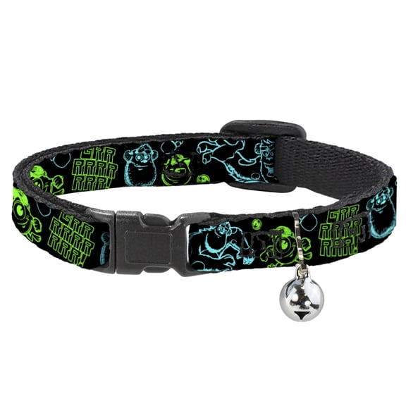 Disney Breakaway Cat Collar With Bell, Plastic Clip, Easy Adjustable, Monsters Inc Sully Mike Poses Grrrrr Black Turquoise Green, 8.5 to 12 Inches 0.5 Inch Wide