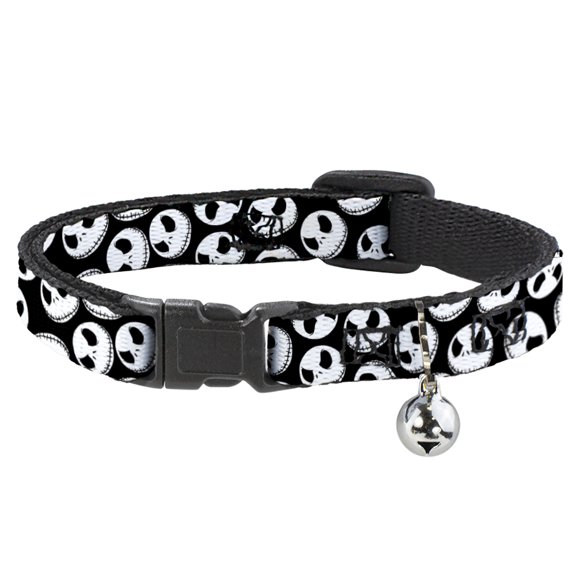Disney Breakaway Cat Collar With Bell, Plastic Clip, Easy Adjustable, Nightmare Before Christmas Jack Expressions Scattered Black, 8.5 to 12 Inches 0.5 Inch Wide