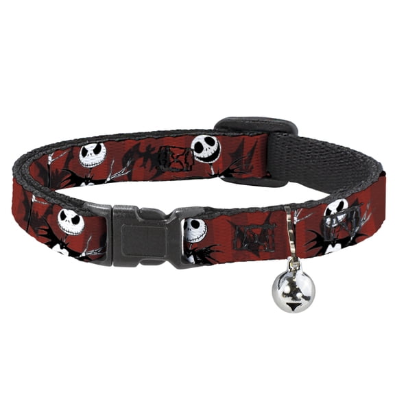 Disney Breakaway Cat Collar With Bell, Plastic Clip, Easy Adjustable, Nightmare Before Christmas Jack Poses Bats Red Stripe, 8.5 to 12 Inches 0.5 Inch Wide