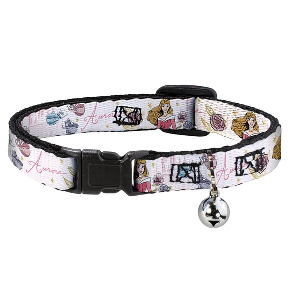 Disney Breakaway Cat Collar With Bell, Plastic Clip, Easy Adjustable, Sleeping Beauty Aurora and Fairy Godmothers Pose with Script, 8.5 to 12 Inches 0.5 Inch Wide