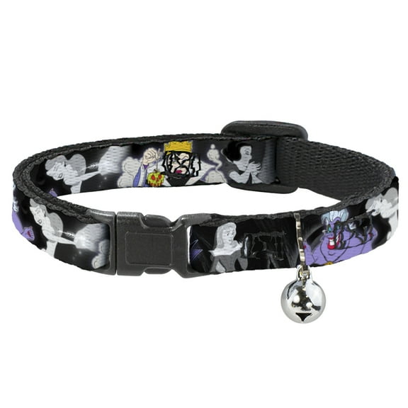 Disney Breakaway Cat Collar With Bell, Plastic Clip, Easy Adjustable, Villains Hexing Princess Scenes Color Black White, 8.5 to 12 Inches 0.5 Inch Wide