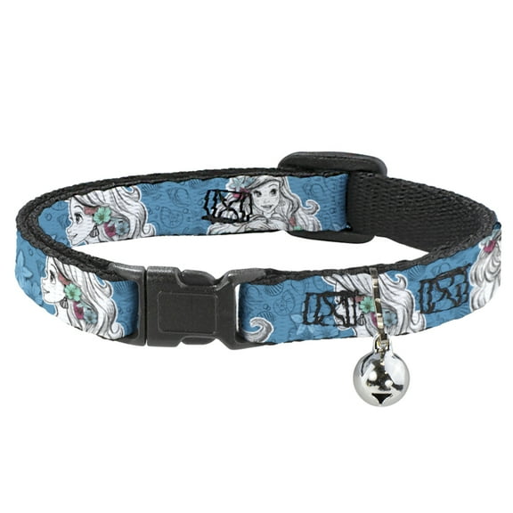 Disney Breakaway Cat Collar With Bell, Plastic Clip, Easy Adjustable, Ariel Poses Shells Sketch Blue White, 8.5 to 12 Inches 0.5 Inch Wide