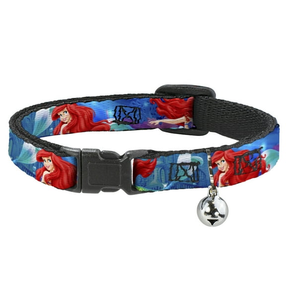 Disney Breakaway Cat Collar With Bell, Plastic Clip, Easy Adjustable, Ariel Vivid Underwater Sparkle Poses Castle, 8.5 to 12 Inches 0.5 Inch Wide