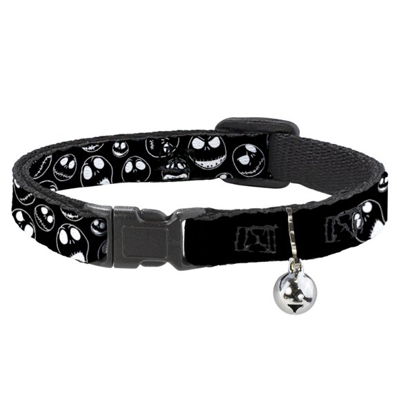 Disney Breakaway Cat Collar With Bell, Plastic Clip, Easy Adjustable, Jack Outline Expressions Scattered Black White, 8.5 to 12 Inches 0.5 Inch Wide