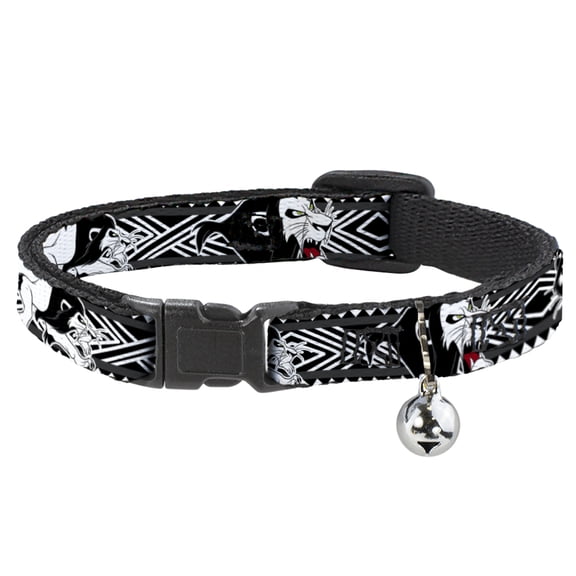 Disney Breakaway Cat Collar With Bell, Plastic Clip, Easy Adjustable, Lion King Scar Poses White Black, 8.5 to 12 Inches 0.5 Inch Wide