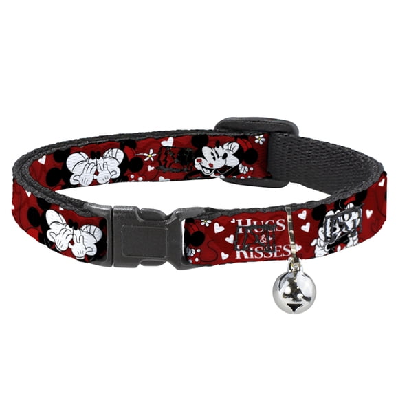 Disney Breakaway Cat Collar With Bell, Plastic Clip, Easy Adjustable, Mickey Minnie Hugs Kisses Poses Reds White, 8.5 to 12 Inches 0.5 Inch Wide