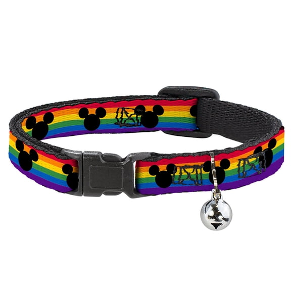 Disney Breakaway Cat Collar With Bell, Plastic Clip, Easy Adjustable, Mickey Mouse Ears Icon Rainbow Pride Flag, 8.5 to 12 Inches 0.5 Inch Wide