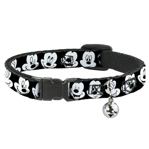 Disney Breakaway Cat Collar With Bell, Plastic Clip, Easy Adjustable, Mickey Mouse Expressions Close Up Black White, 8.5 to 12 Inches 0.5 Inch Wide