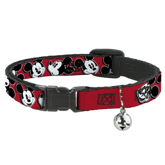 Disney Breakaway Cat Collar With Bell, Plastic Clip, Easy Adjustable, Mickey Mouse Expressions Red Black White, 8.5 to 12 Inches 0.5 Inch Wide