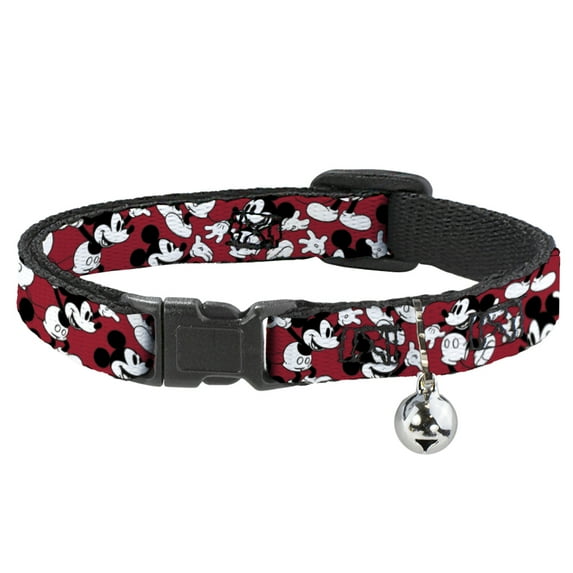 Disney Breakaway Cat Collar With Bell, Plastic Clip, Easy Adjustable, Mickey Mouse Poses Scattered Red Black White, 8.5 to 12 Inches 0.5 Inch Wide