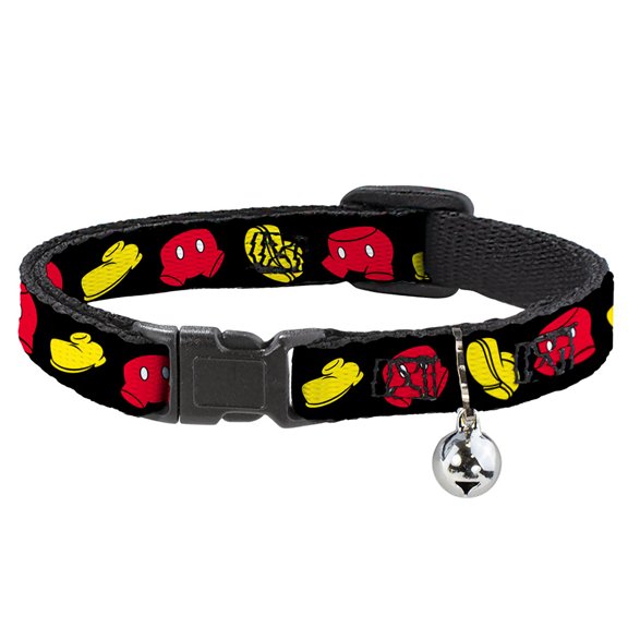 Disney Breakaway Cat Collar With Bell, Plastic Clip, Easy Adjustable, Mickey Mouse Shorts and Shoes Black Red Yellow, 8.5 to 12 Inches 0.5 Inch Wide