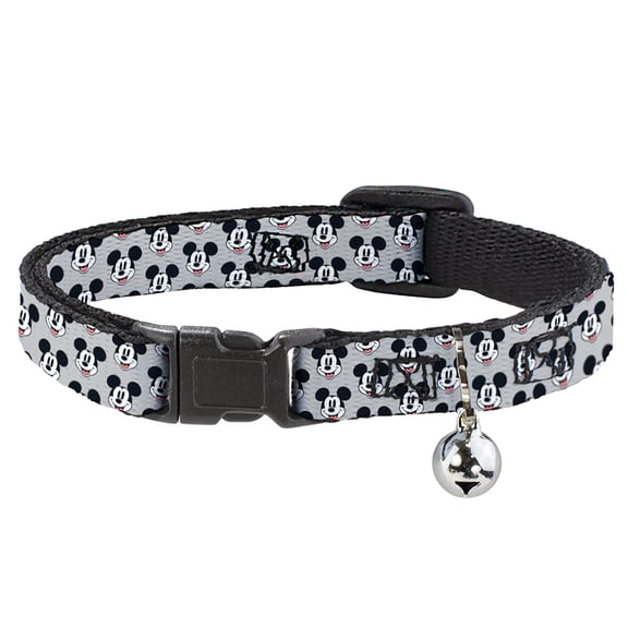 Disney Breakaway Cat Collar With Bell, Plastic Clip, Easy Adjustable, Mickey Mouse Smiling Face Monogram Gray, 8.5 to 12 Inches 0.5 Inch Wide