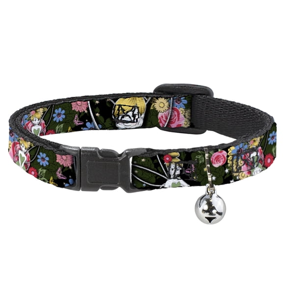Disney Breakaway Cat Collar With Bell, Plastic Clip, Easy Adjustable, Tinker Bell Poses Sleeping Floral Collage, 8.5 to 12 Inches 0.5 Inch Wide