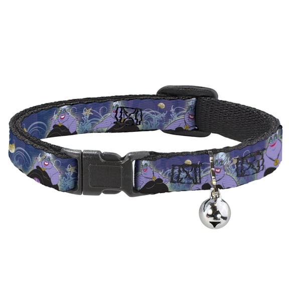 Disney Breakaway Cat Collar With Bell, Plastic Clip, Easy Adjustable, Ursula Poses Shells Ivy Bubbles Purples Blues, 8.5 to 12 Inches 0.5 Inch Wide