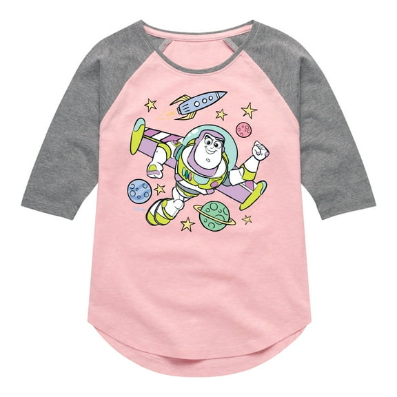 Disney - Buzz Space Collage - Toddler & Youth Girls Raglan Graphic T-Shirt