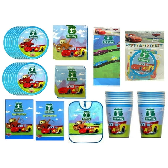 Disney Cars 1st Birthday Party Supplies Bundle includes 16 Lunch Plates, 16 Beverage Cake Napkins, 16 Lunch Napkins, 1 Table Cover, 16 Invitations, 16 Paper Cups, 1 Bib, 1 Birthday Banner