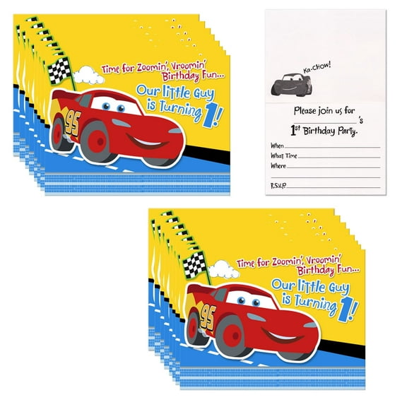Disney Cars 1st Birthday Party Supplies includes 16 Party Invitations with Envelopes