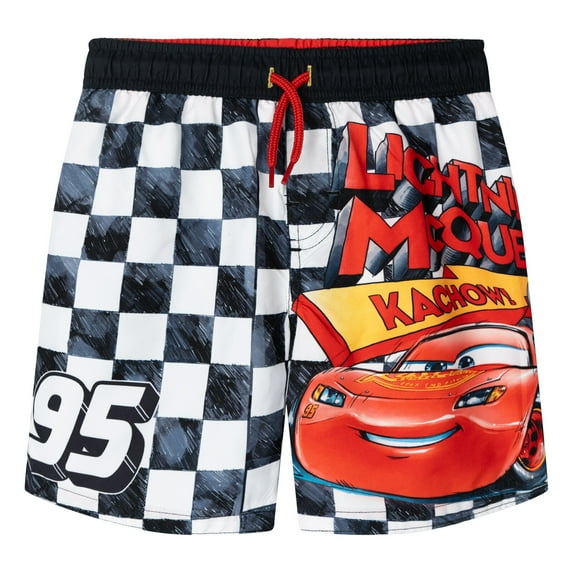 Disney Cars Baby Boys' Graphic Print Swim Trunks with Mesh Lining Black Checkered Flag Lightning McQueen