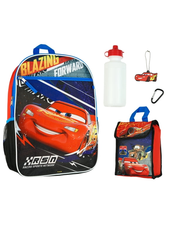 Disney Cars Backpack 5 Piece Set 16" Lightning McQueen Book Bag Lunch Box