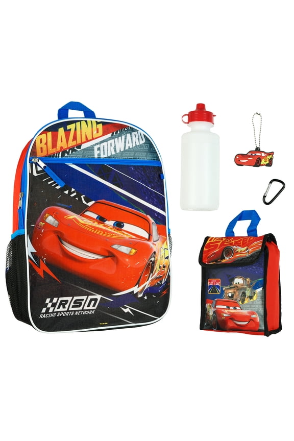Disney Cars Backpack 5 Piece Set 16" Lightning McQueen Book Bag Lunch Box