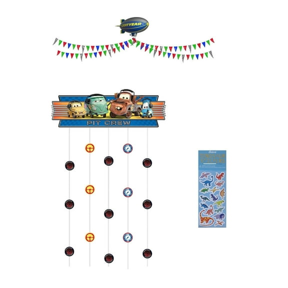Disney Cars Birthday Party Supplies Bundle includes 1 Party Doorway Curtain, 1 Hanging Centerpiece includes 1 22.25 x 14.7 inch Decoration and 4 Streamers each 8 ft long, 1 Dinosaur Sticker Sheet