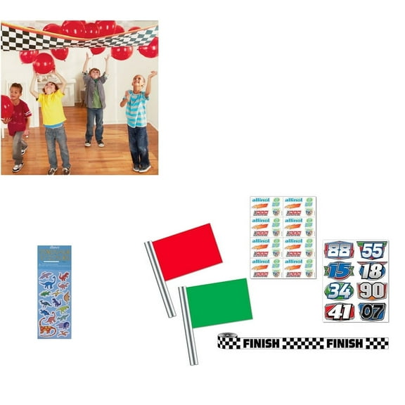 Disney Cars Birthday Party Supplies Bundle includes 1 Plastic Balloon Drop with 16 Red Latex Balloons, 1 Red Light Green Light Party Game, 1 Dinosaur Sticker Sheet