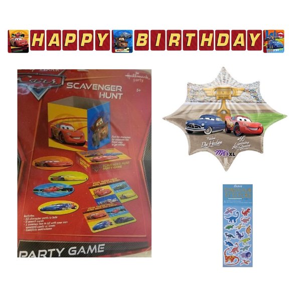 Disney Cars Birthday Party Supplies Bundle includes 1 Scavenger Hunt Party Game, 1 Birthday Banner, 35 inch Foil Mylar Balloon, 1 Dinosaur Sticker Sheet