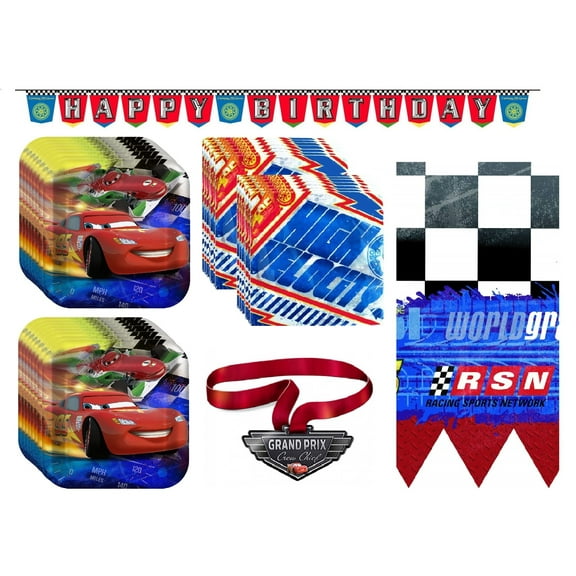 Disney Cars Birthday Party Supplies Bundle includes 16 Lunch Paper Plates, 16 Lunch Paper Napkins, 1 Plastic Table Cover, 1 Plastic Happy Birthday Banner 8.25ft Long, 1 Paper Medal with 24" Ribbon.