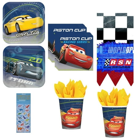 Disney Cars Birthday Party Supplies Bundle includes 16 Paper Plates 7", 16 Paper Napkins, 16 Paper Cups, 1 Plastic Table Cover, 1 Dinosaur Sticker Sheet