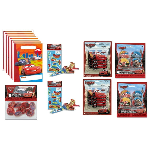 Disney Cars Birthday Party Supplies Bundle includes 8 Loot Bags, 8 Spin Tops, 8 Note Pads, 8 Foam Glidders, 8 Bagettelle Games