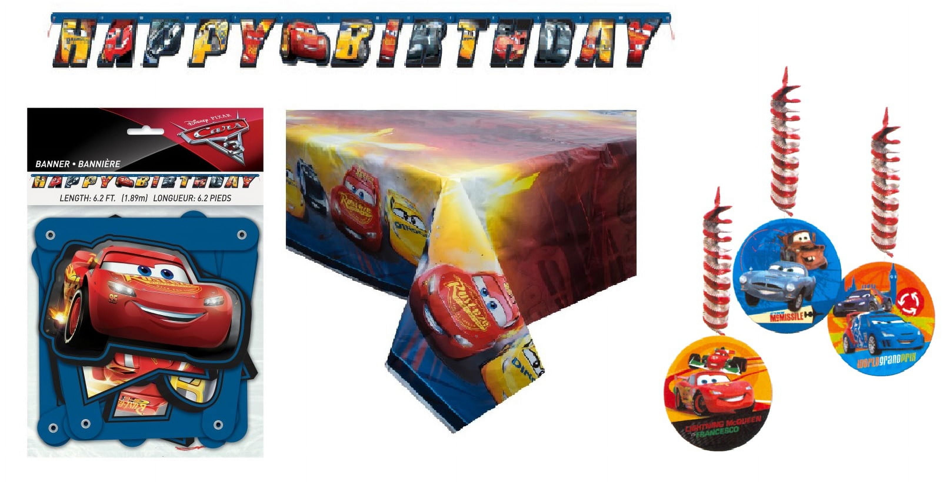 Disney Cars Birthday Party Supplies Decoration Bundle includes 1 Happy Birthday Banner, 1 Plastic Table Cover, 3 Hanging Swirl Decorations