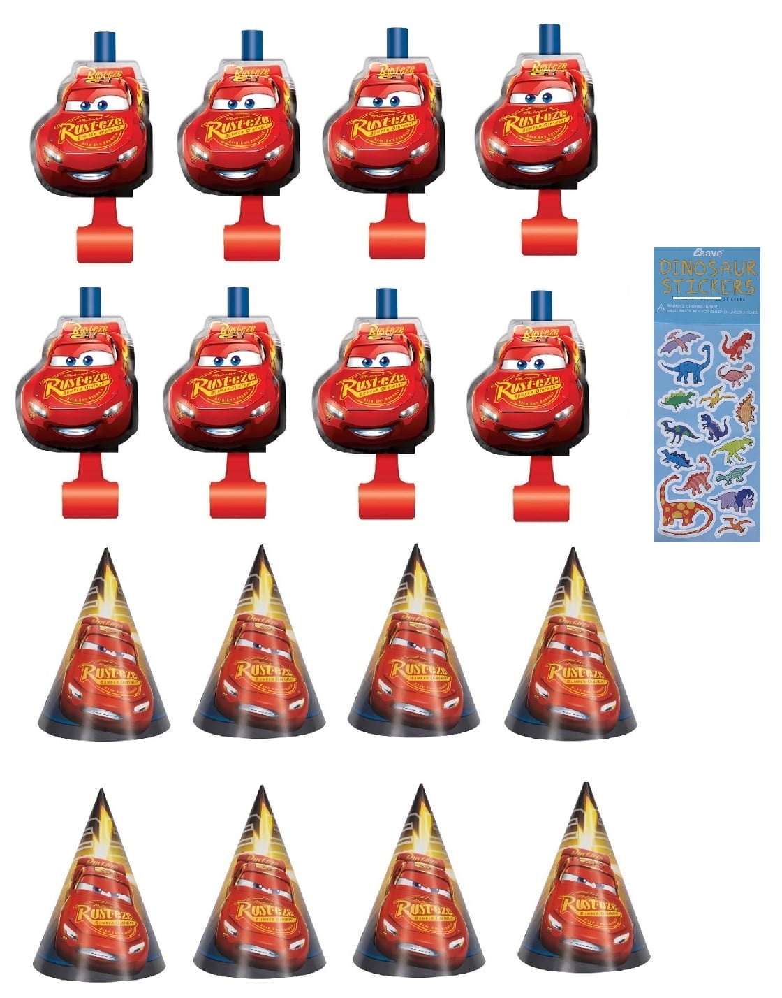 Disney Cars Birthday Party Supplies Favor Bundle includes 8 Party Cone Hats, 8 Party Blowouts, 1 Dinosaur Sticker Sheet