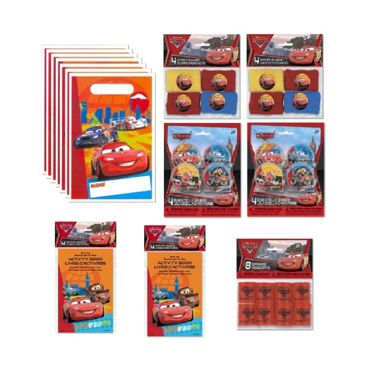 Disney Cars Birthday Party Supplies Favor Bundle includes 8 Plastic Loot Bags, 8 Wrist Bands, 8 Bagettelle Games, 8 Mini Springs, 8 Activity Books