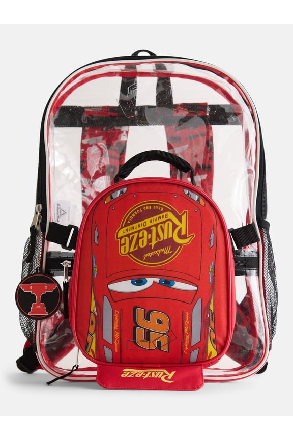Cars Boys Lightning McQueen Clear Backpack Set with Lunch Bag and Keychain, 3 Piece