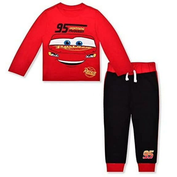 Disney Cars Boys Long Sleeve Shirt Costume and Jogger Set for Toddler and Little Kids – Red/Black