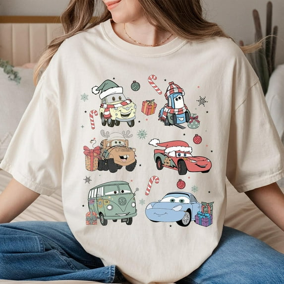 Disney Cars Christmas Shirt, Lightning McQueen Christmas Shirt, Cars Christmas Tee, Christmas Cars Santa Hat,Merry Christmas Comfort Colors®,Ivory Color,Size M