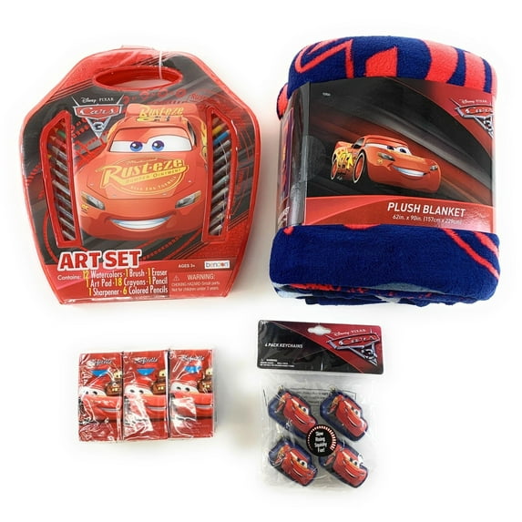 Disney Cars Gift Set Twin Plush Blanket Art Crayons Keychains Boy Pack