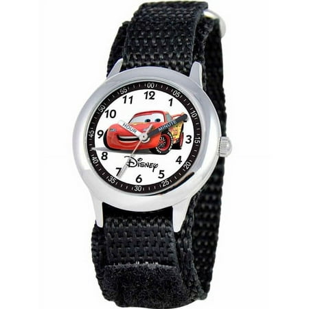 disney cars lightning mcqueen boys' stainless steel watch, black strap