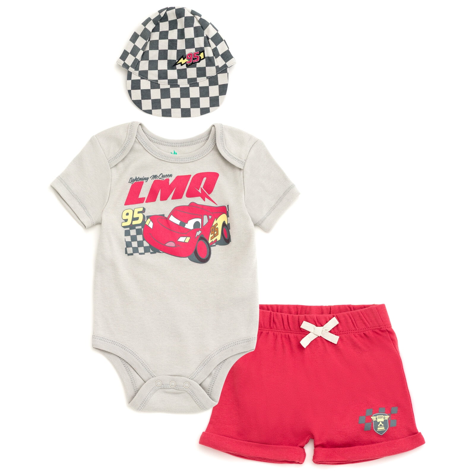 Disney Cars Lightning McQueen Bodysuit, Shorts and Baseball Cap 3 Piece Outfit Set Newborn to Infant